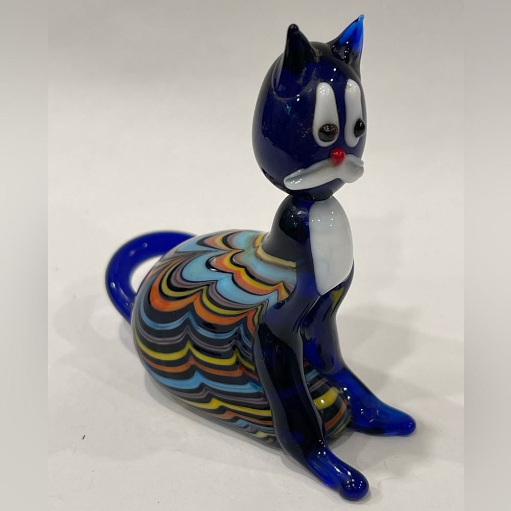 Vintage hand-blown glass Art CAT Miniature Cobalt Blue+Rainbow figurine ITALY